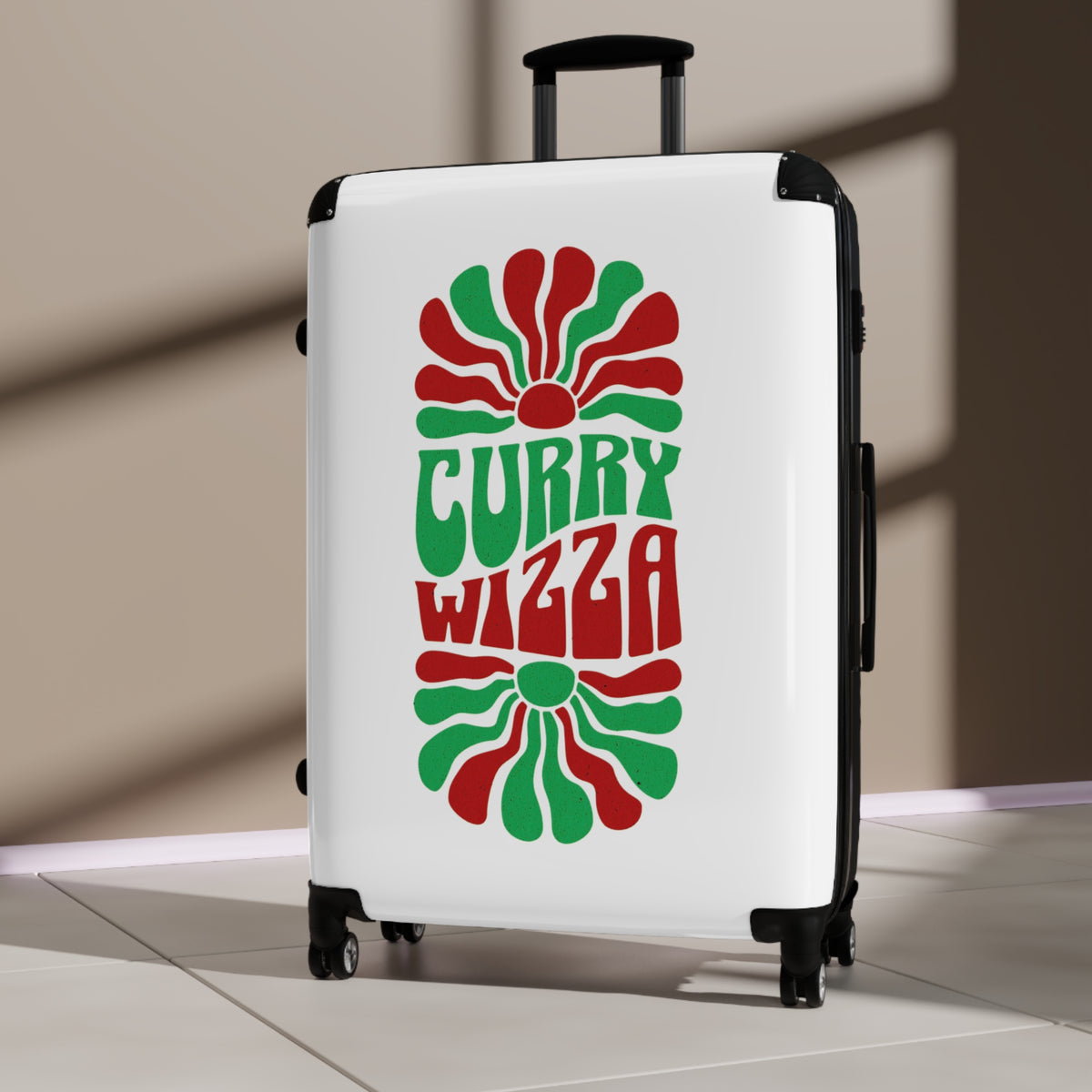CURRY WIZZA - Suitcase — Retro 'Curry Wizza' Travel Carry-On with Green & Red Psychedelic Design