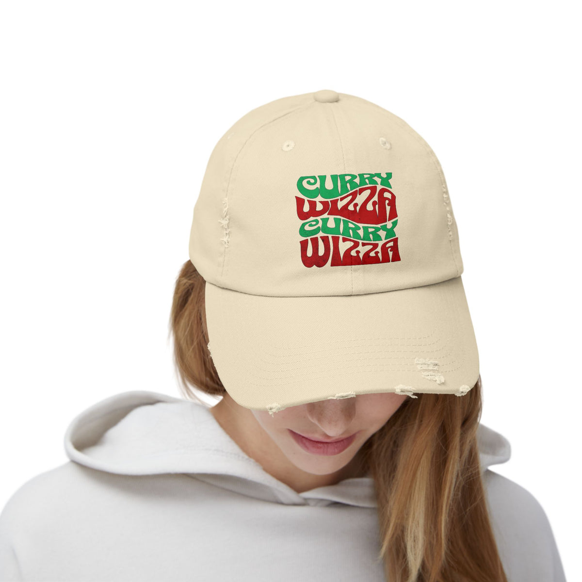 CURRY WIZZA - Distressed Baseball Cap — Retro 'Curry Wizah' Stacked Text Hat (Beige)