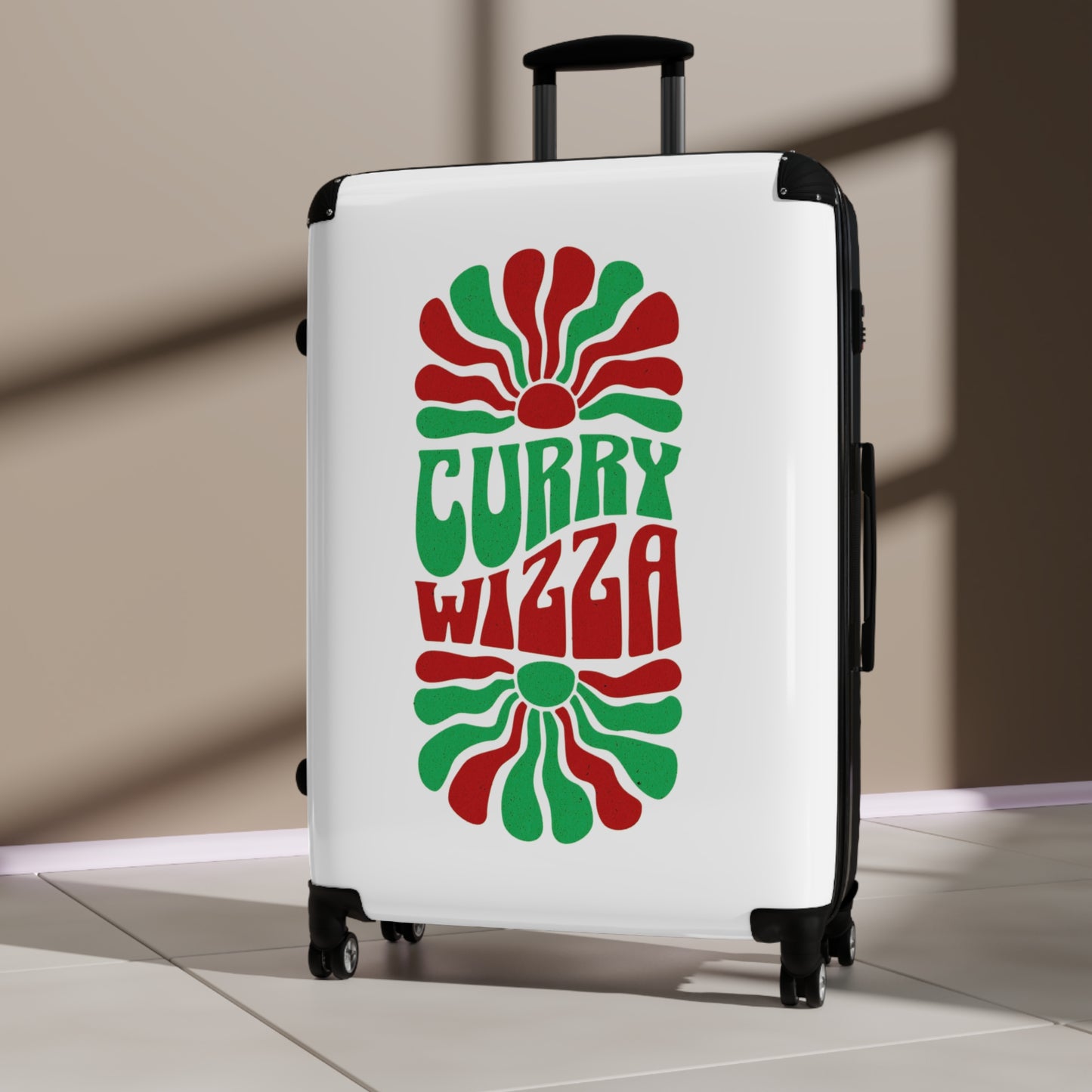 CURRY WIZZA - Suitcase — Retro 'Curry Wizza' Travel Carry-On with Green & Red Psychedelic Design