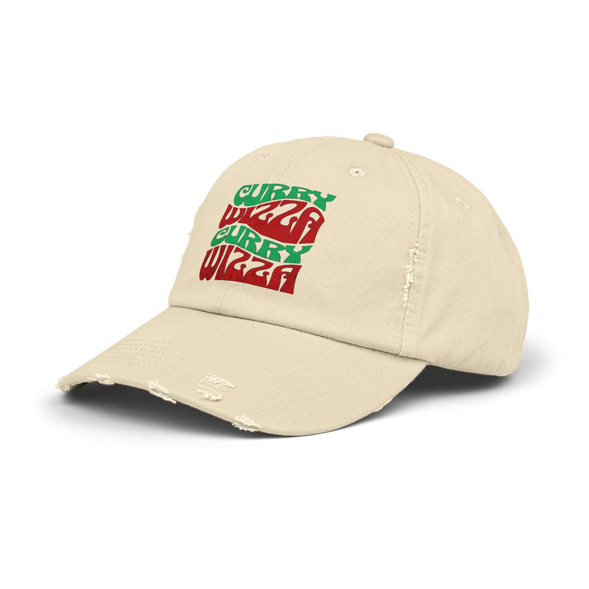 CURRY WIZZA - Distressed Baseball Cap — Retro 'Curry Wizah' Stacked Text Hat (Beige)