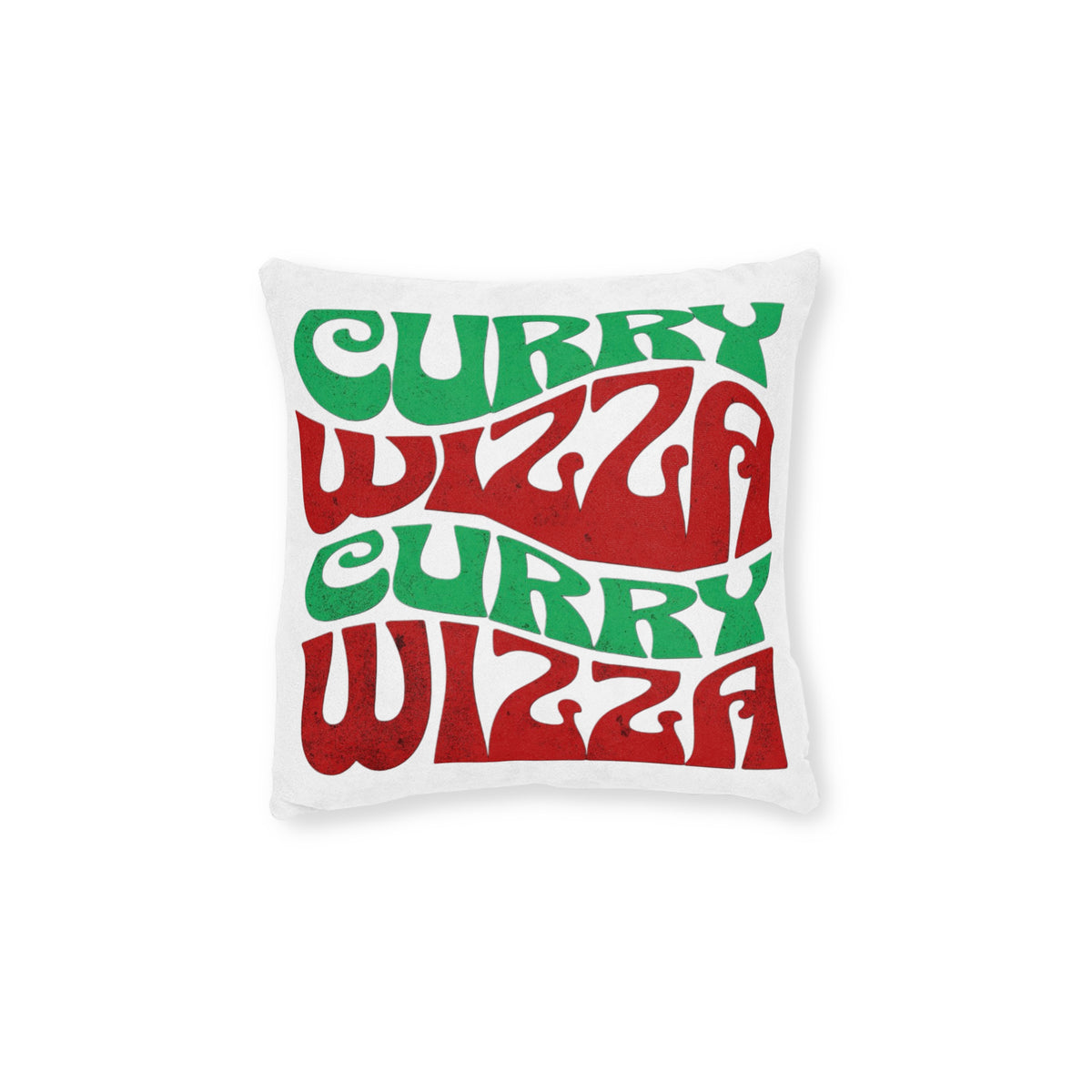 Curry Wizza Retro Wave Square Pillow — Bold Red & Green Groovy Typography Throw Pillow