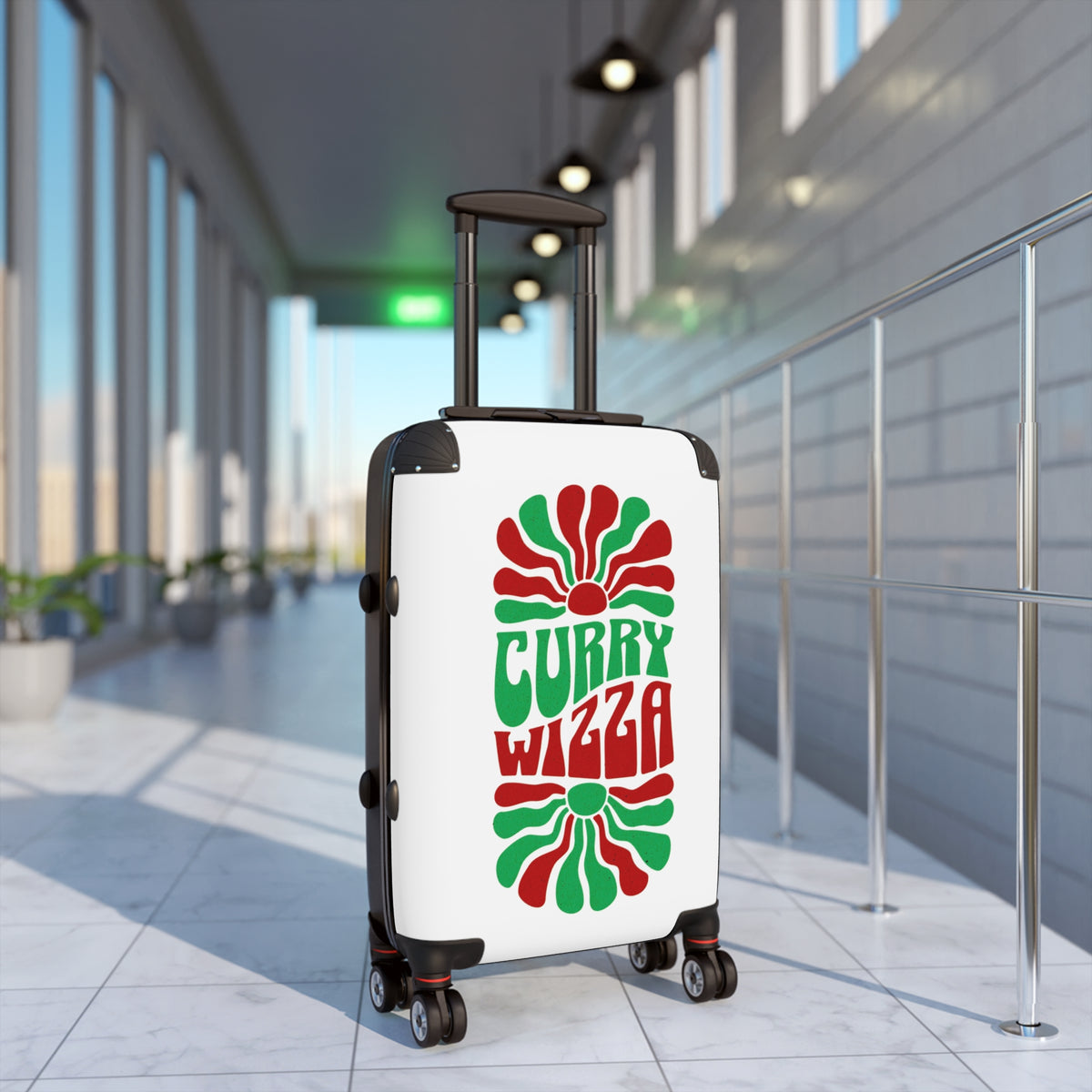 CURRY WIZZA - Suitcase — Retro 'Curry Wizza' Travel Carry-On with Green & Red Psychedelic Design