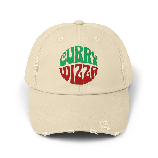 CURRY WIZZA - Distressed Baseball Cap — Retro Psychedelic Logo Hat