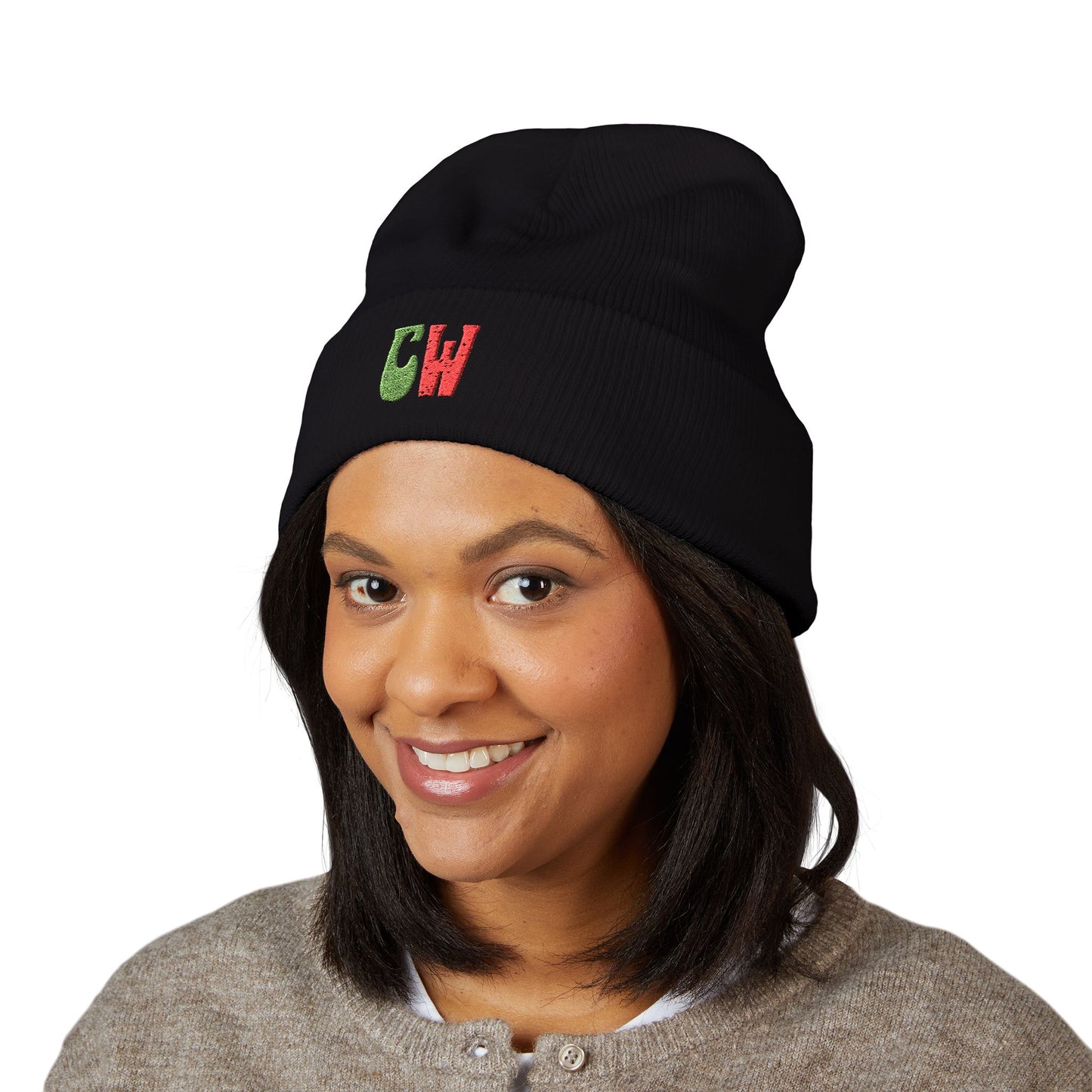 Embroidered 'CW' Cuffed Beanie – Knit Winter Hat, Festive Red & Green Initials