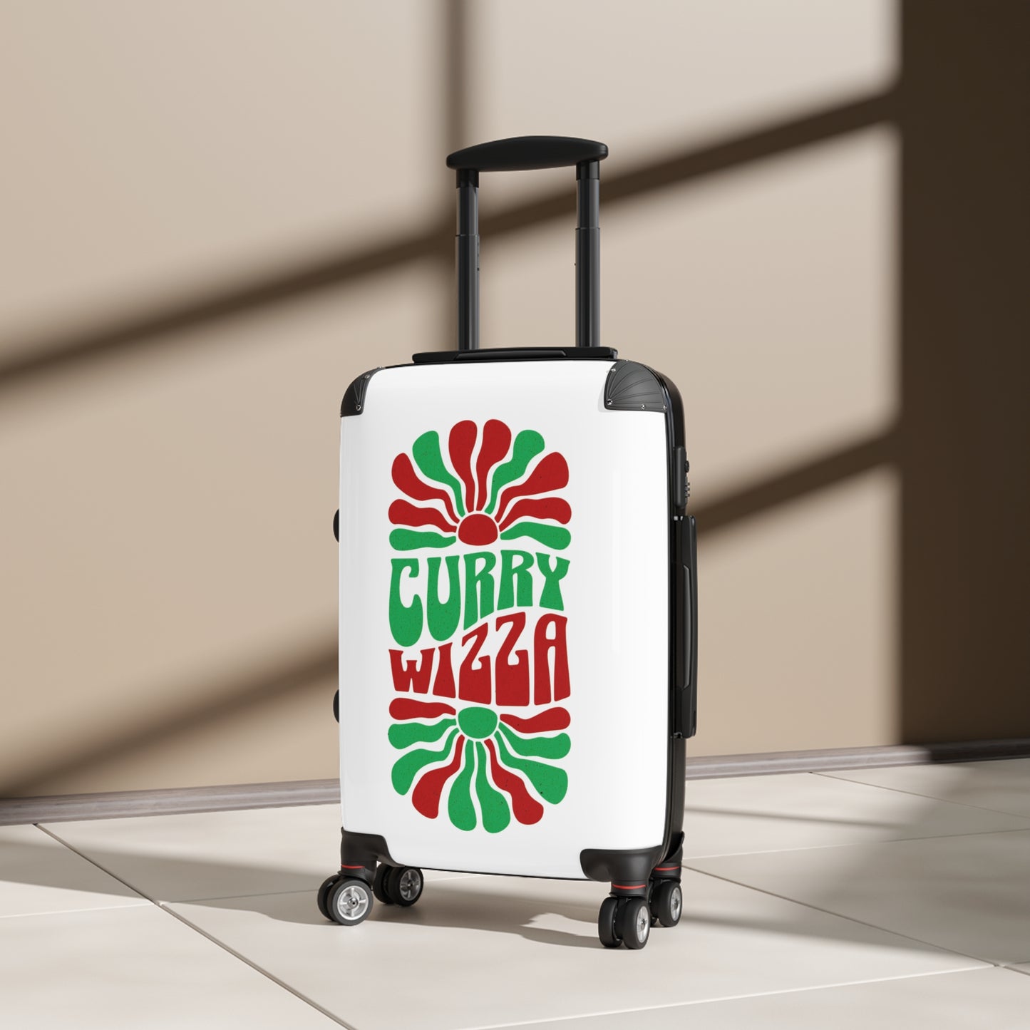 CURRY WIZZA - Suitcase — Retro 'Curry Wizza' Travel Carry-On with Green & Red Psychedelic Design