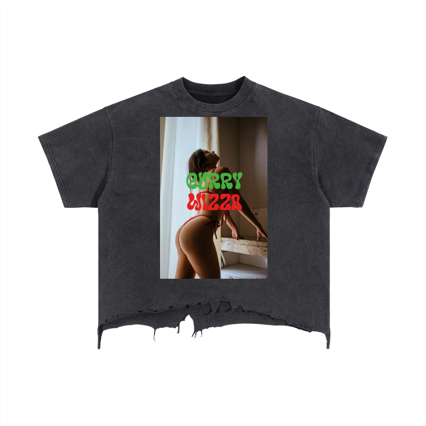CURRY WIZZA - Vintage Wash Boxy Distressed Hem T-Shirt