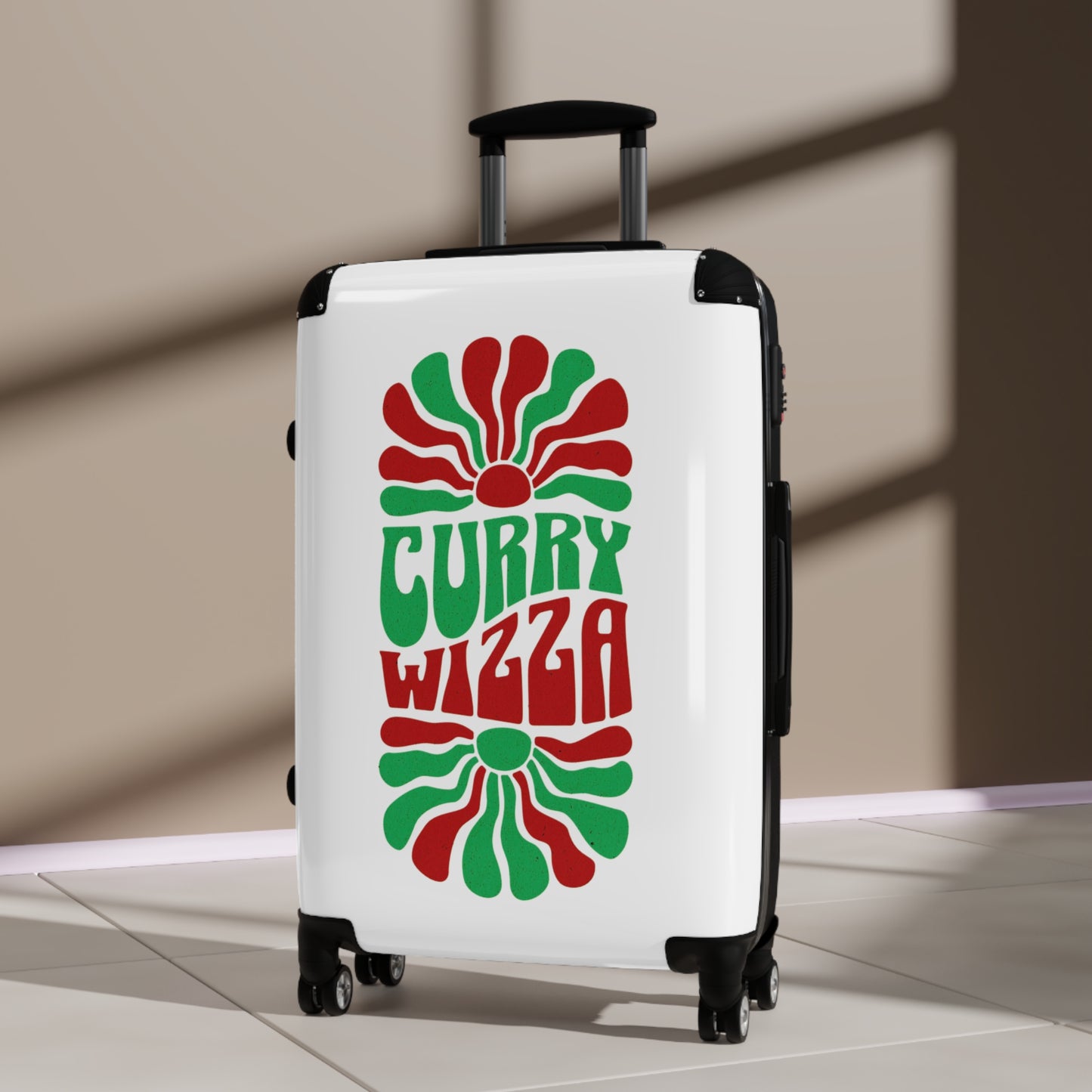 CURRY WIZZA - Suitcase — Retro 'Curry Wizza' Travel Carry-On with Green & Red Psychedelic Design