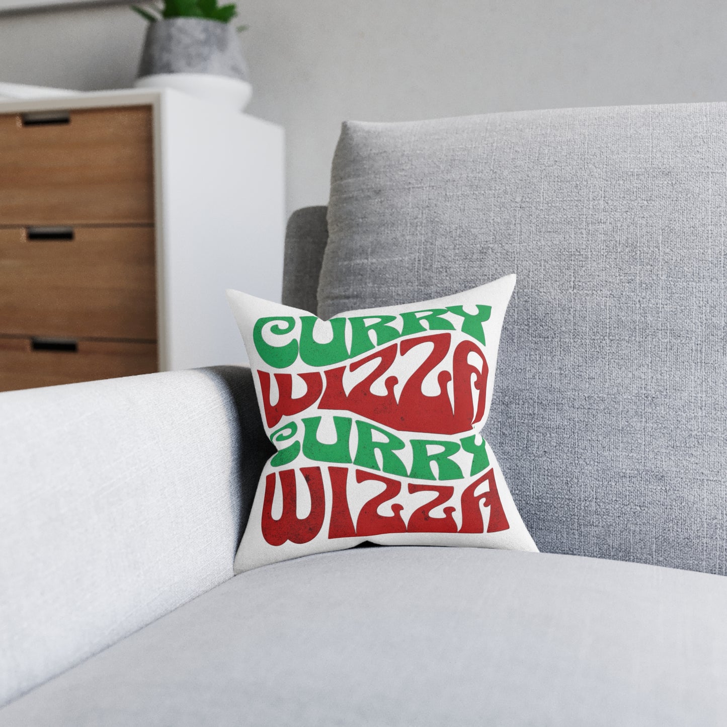 Curry Wizza Retro Wave Square Pillow — Bold Red & Green Groovy Typography Throw Pillow
