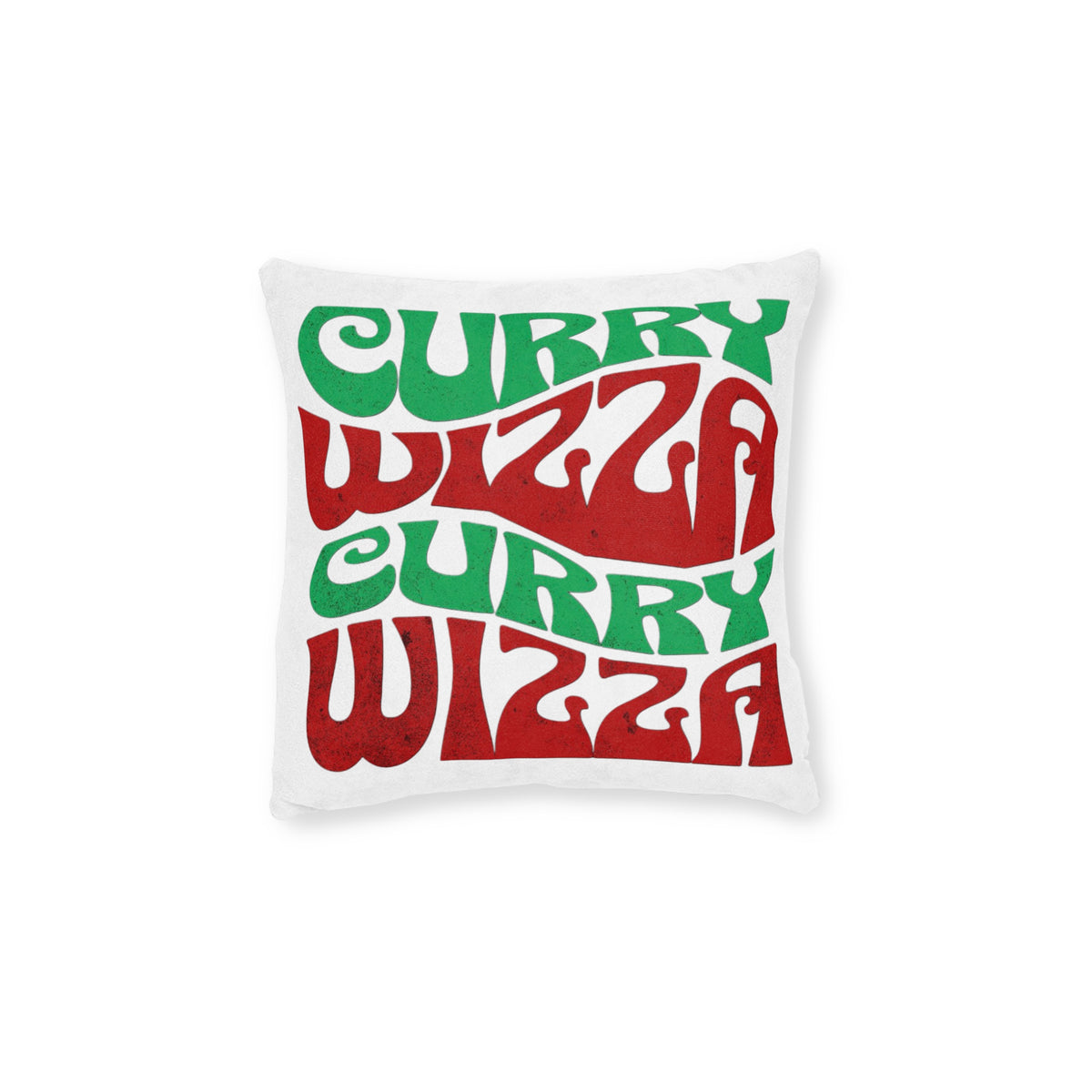Curry Wizza Retro Wave Square Pillow — Bold Red & Green Groovy Typography Throw Pillow