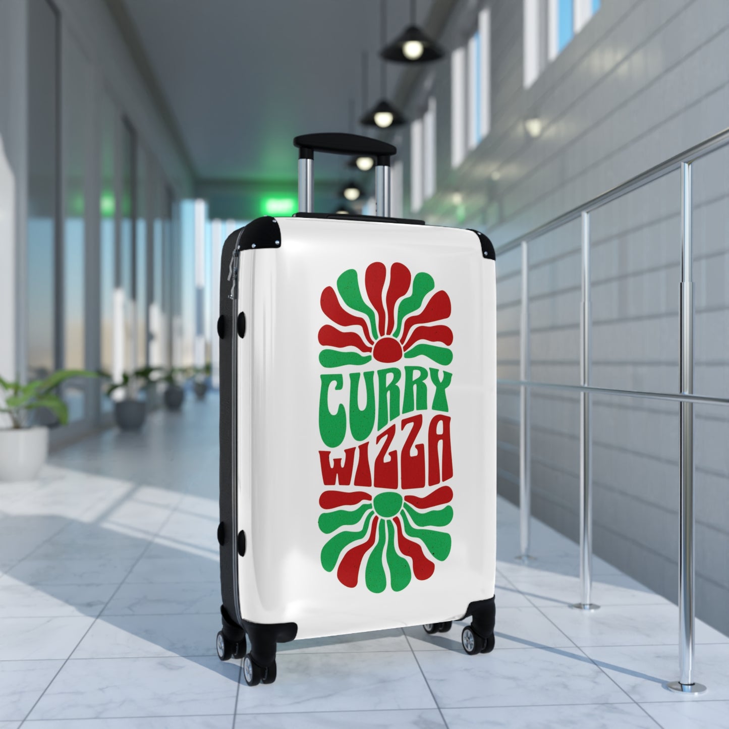 CURRY WIZZA - Suitcase — Retro 'Curry Wizza' Travel Carry-On with Green & Red Psychedelic Design