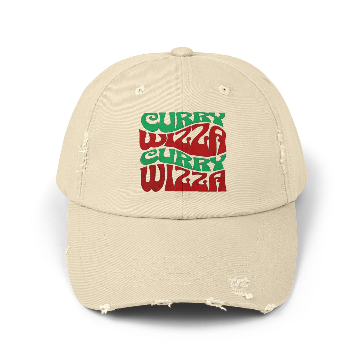 CURRY WIZZA - Distressed Baseball Cap — Retro 'Curry Wizah' Stacked Text Hat (Beige)