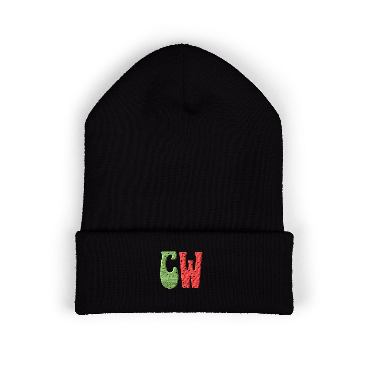 Embroidered 'CW' Cuffed Beanie – Knit Winter Hat, Festive Red & Green Initials