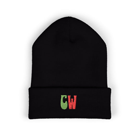 Embroidered 'CW' Cuffed Beanie – Knit Winter Hat, Festive Red & Green Initials