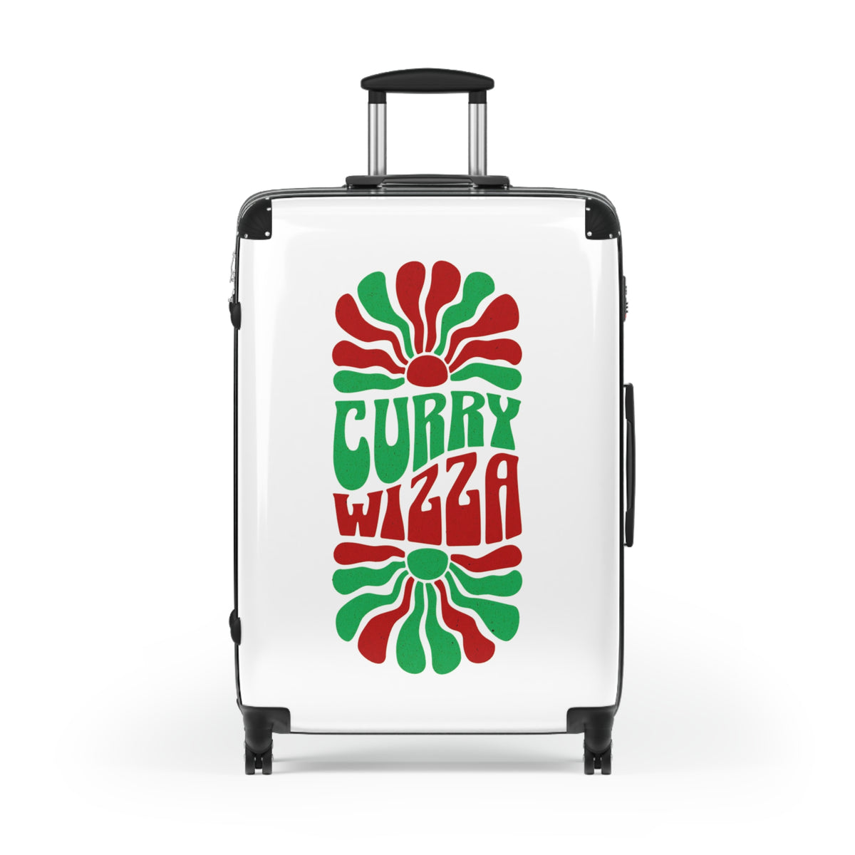 CURRY WIZZA - Suitcase — Retro 'Curry Wizza' Travel Carry-On with Green & Red Psychedelic Design