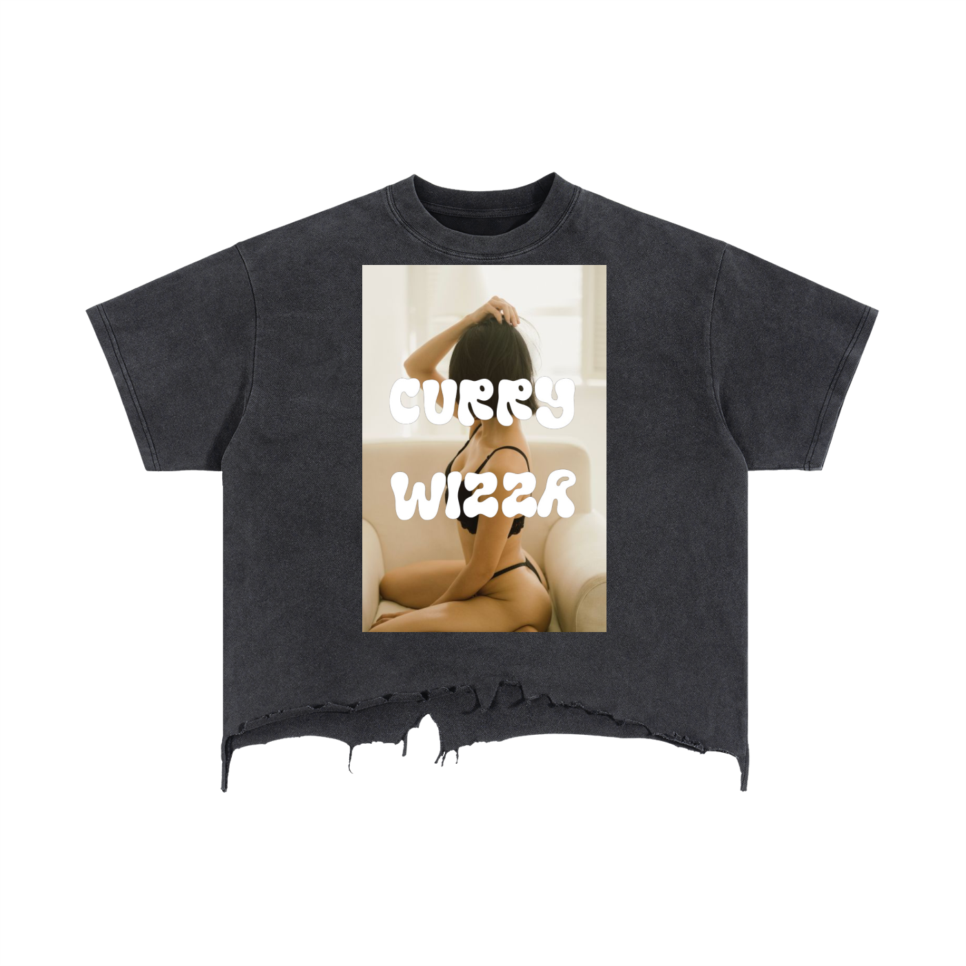 CURRY WIZZA - Vintage Wash Boxy Distressed Hem T-Shirt
