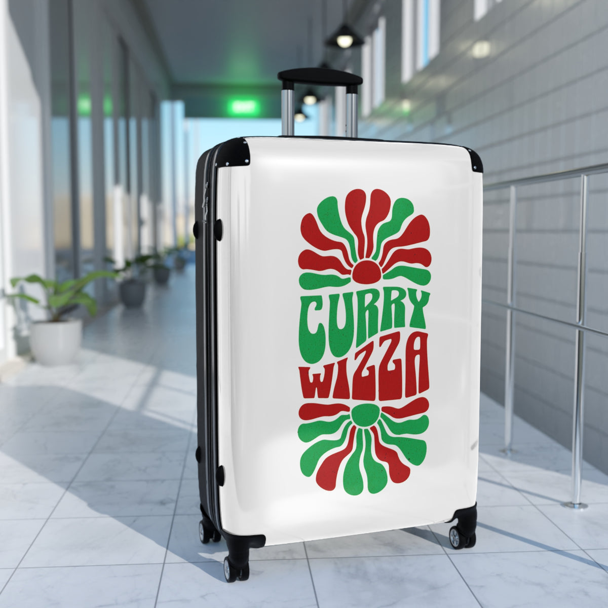 CURRY WIZZA - Suitcase — Retro 'Curry Wizza' Travel Carry-On with Green & Red Psychedelic Design
