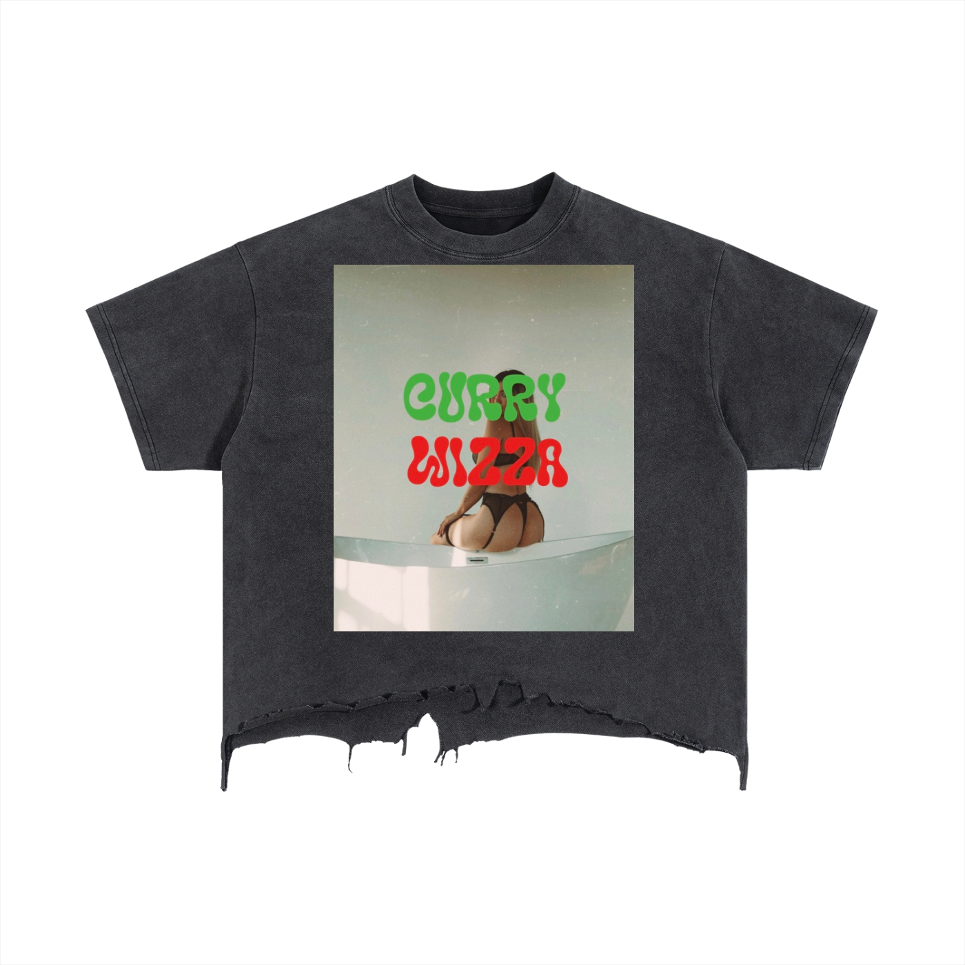 CURRY WIZZA - Vintage Wash Boxy Distressed Hem T-Shirt