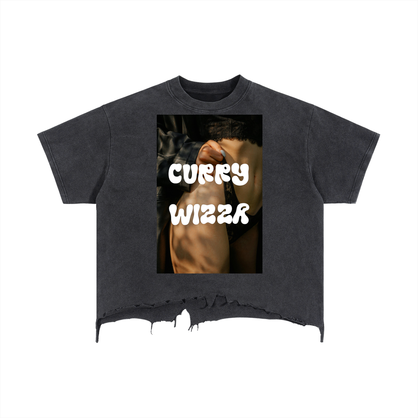 CURRY WIZZA - Vintage Wash Boxy Distressed Hem T-Shirt