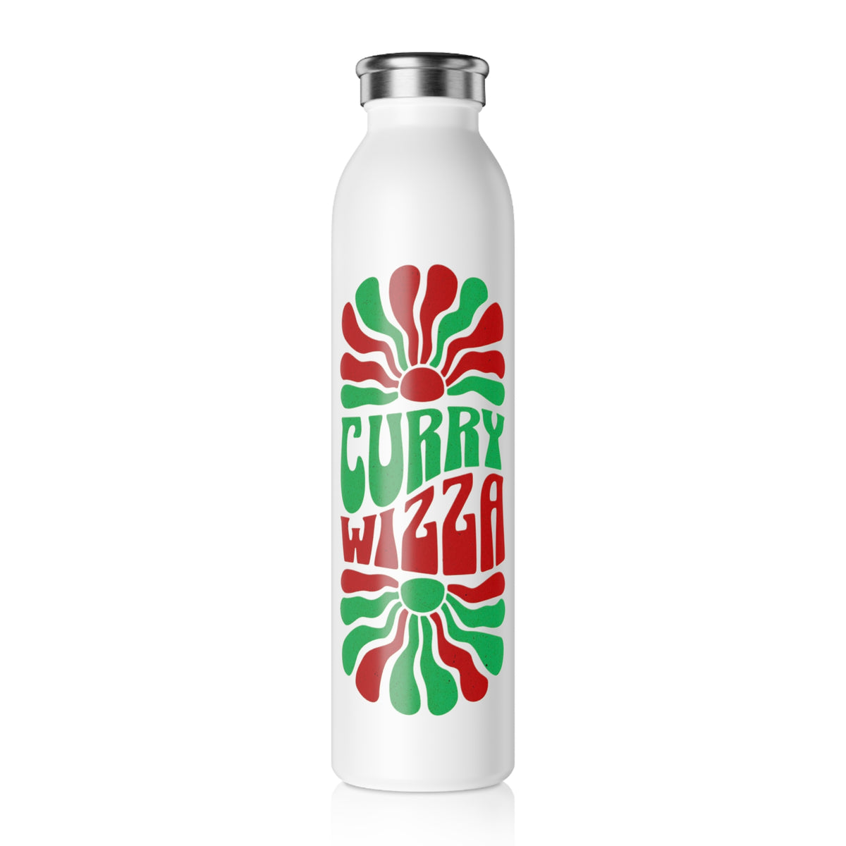CURRY WIZZA - Slim Water Bottle — Retro Red & Green Psychedelic Design