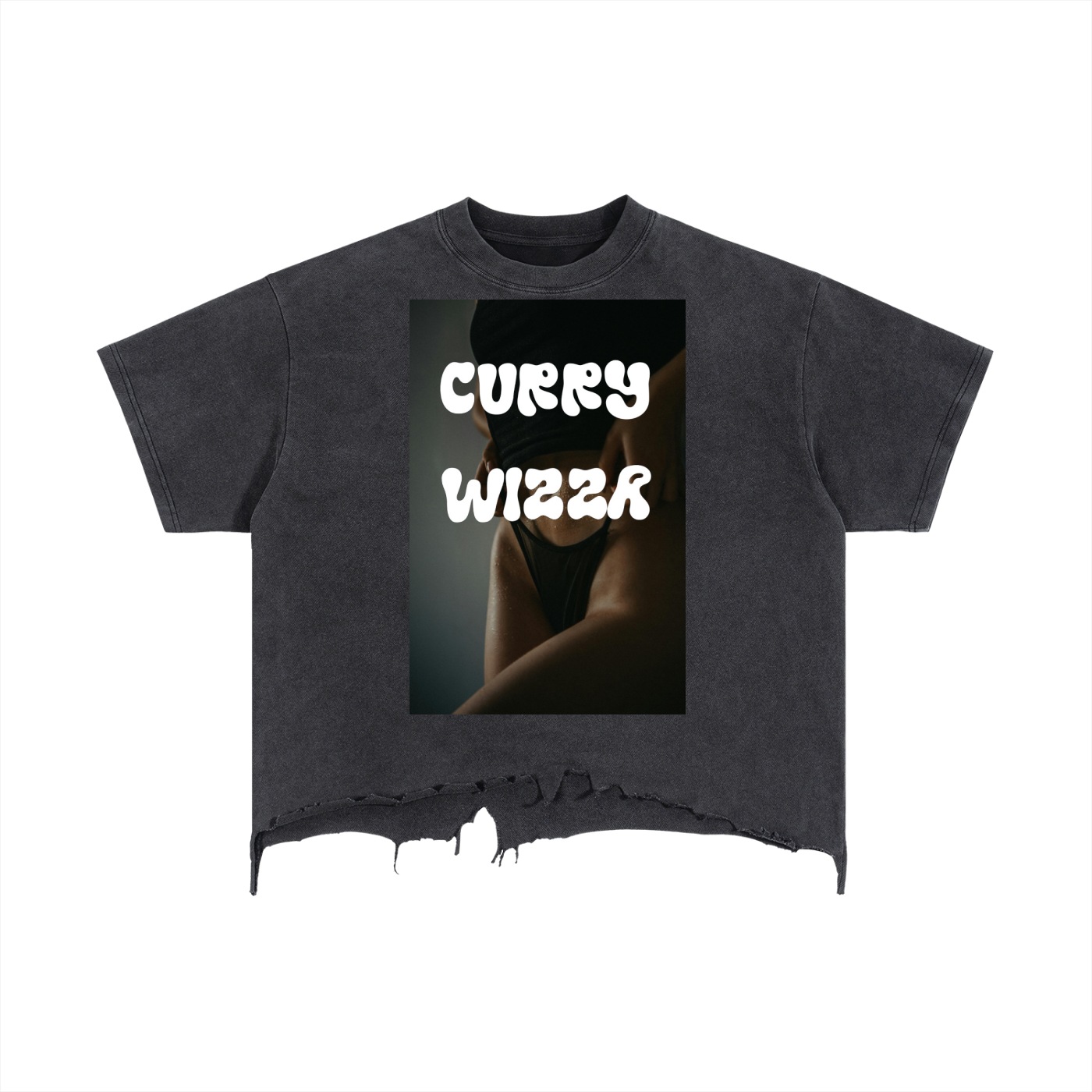 CURRY WIZZA - Vintage Wash Boxy Distressed Hem T-Shirt