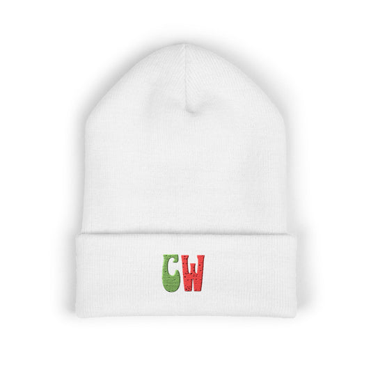 Embroidered 'CW' Cuffed Beanie – Knit Winter Hat, Festive Red & Green Initials