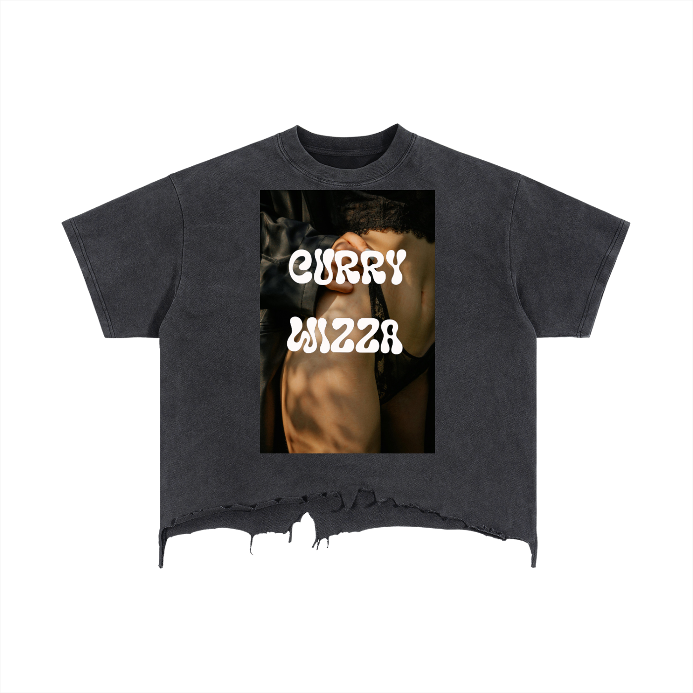 CURRY WIZZA - Vintage Wash Boxy Distressed Hem T-Shirt