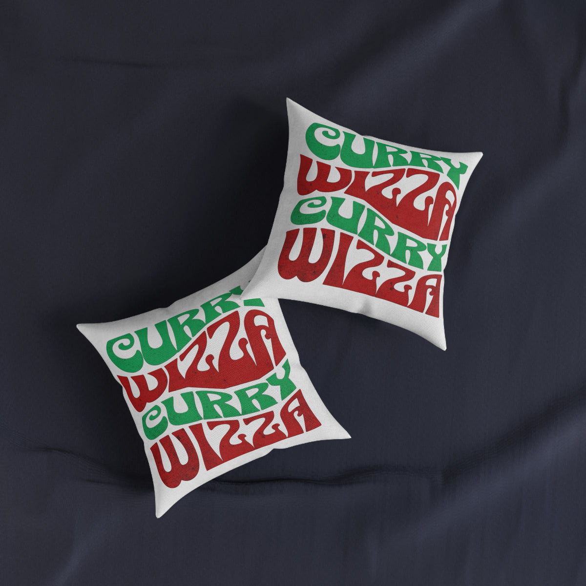 Curry Wizza Retro Wave Square Pillow — Bold Red & Green Groovy Typography Throw Pillow