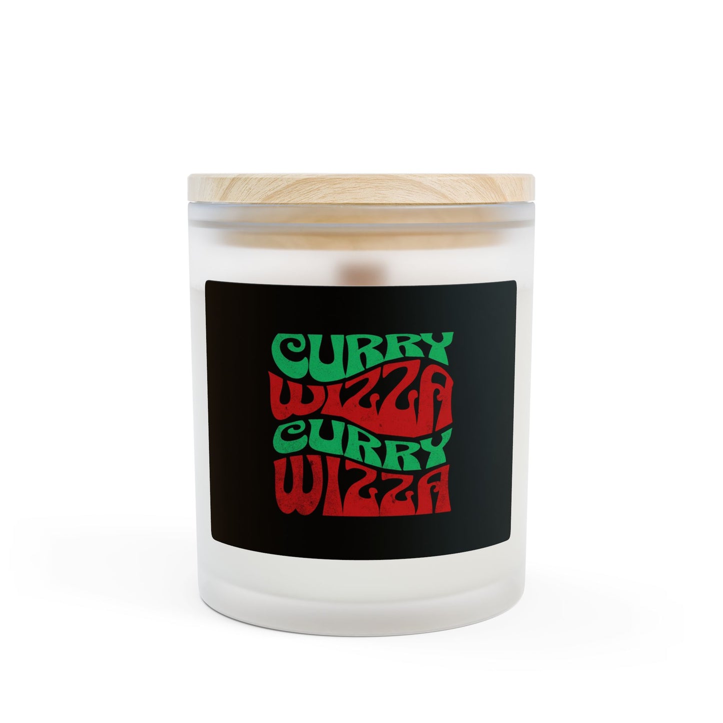 Curry Wizza Frosted Glass Candle — 11oz Scented Candle with Retro Red & Green Logo