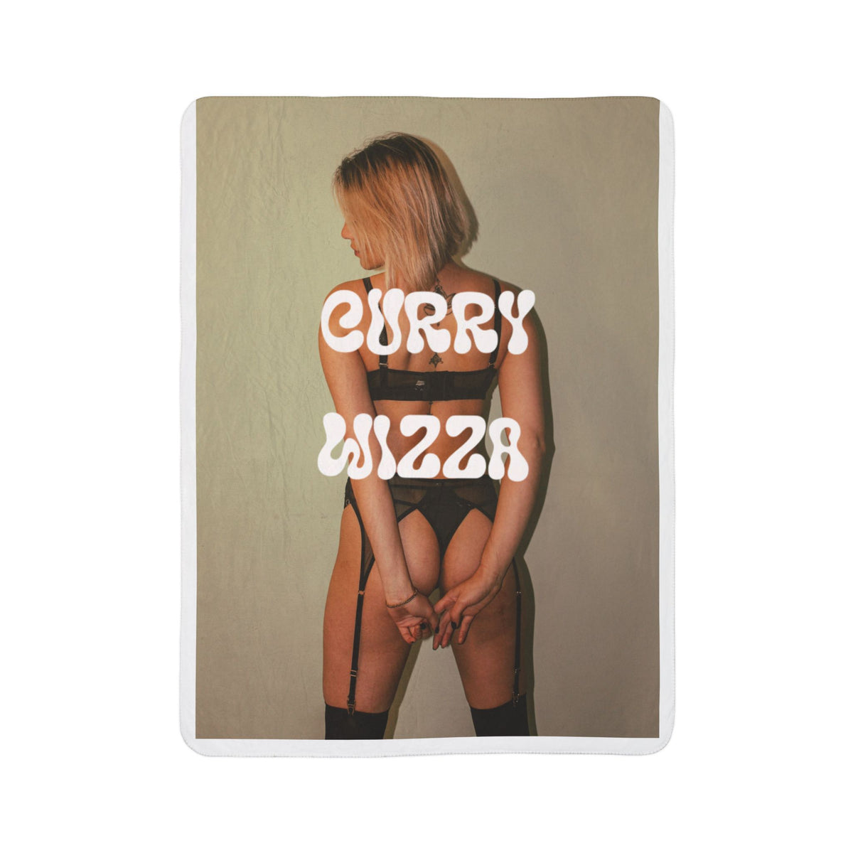 CURRY WIZZA - Sherpa Blanket — Retro Pinup Photo with 'CURRY WIZZA' Text