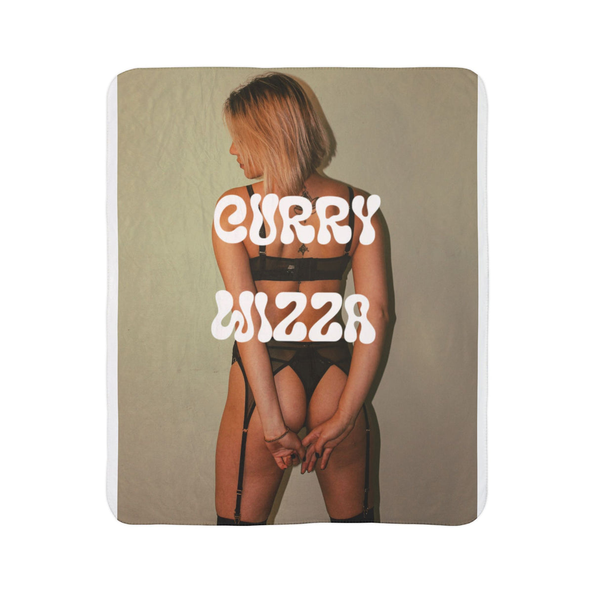 CURRY WIZZA - Sherpa Blanket — Retro Pinup Photo with 'CURRY WIZZA' Text