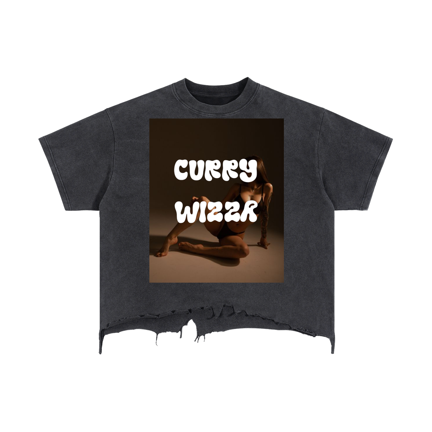 CURRY WIZZA - Vintage Wash Boxy Distressed Hem T-Shirt
