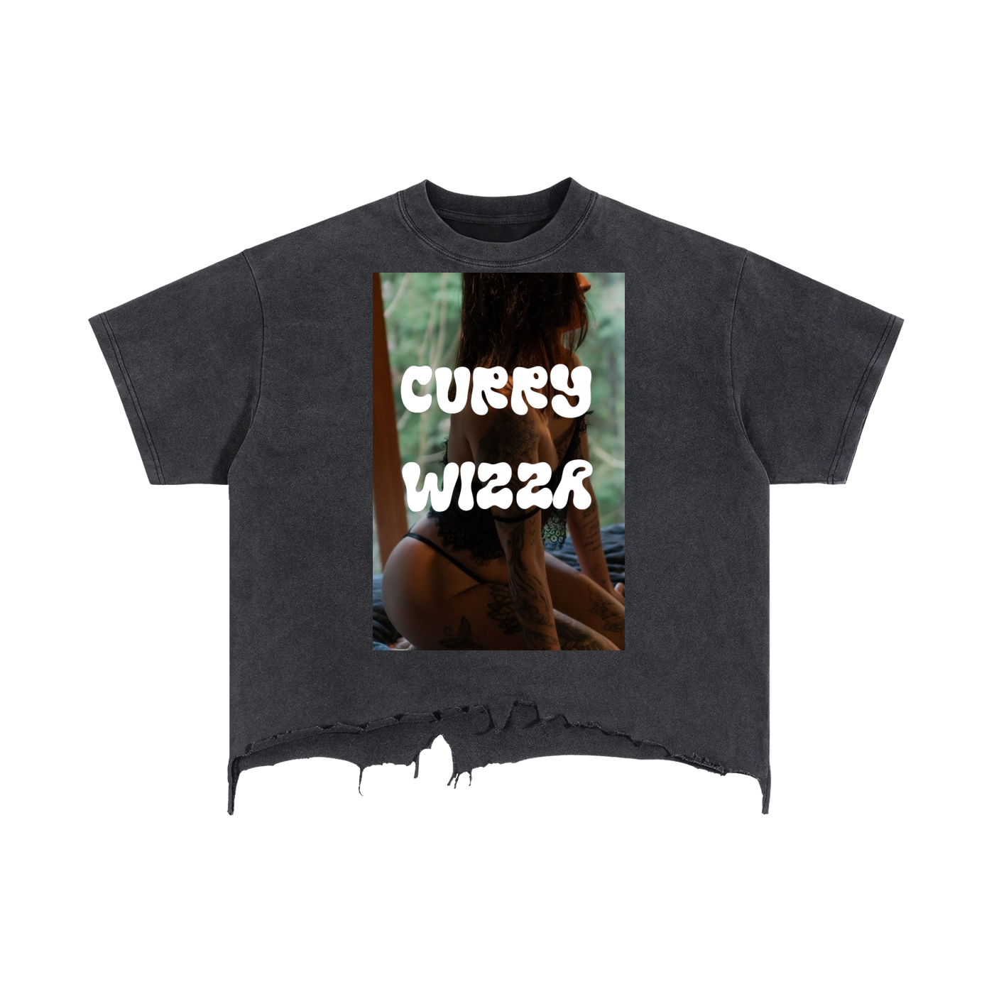CURRY WIZZA - Vintage Wash Boxy Distressed Hem T-Shirt